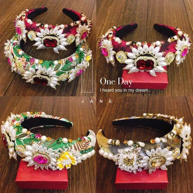 2024 New High-end Paris Fashion Week CC Retro Rhinestones Headbands Luxury Crystal Hairbands For Women Wide Print Cloth Headwear