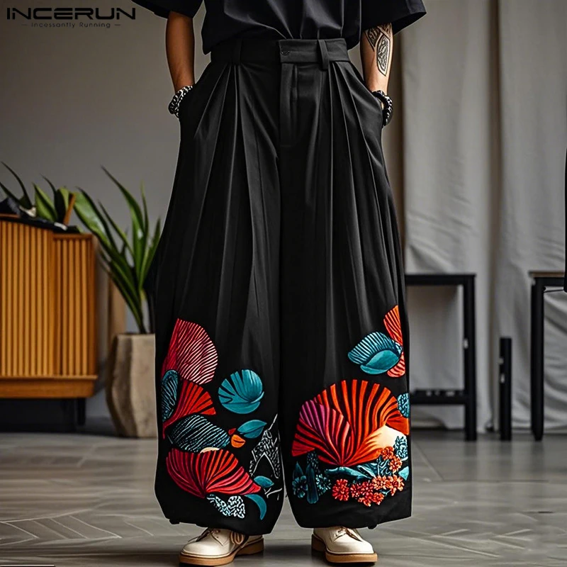 

INCERUN Men Wide Leg Pants Printing Button Pleated Joggers Casual Trousers Men Oversize 2025 Fashion Streetwear Long Pants S-5XL