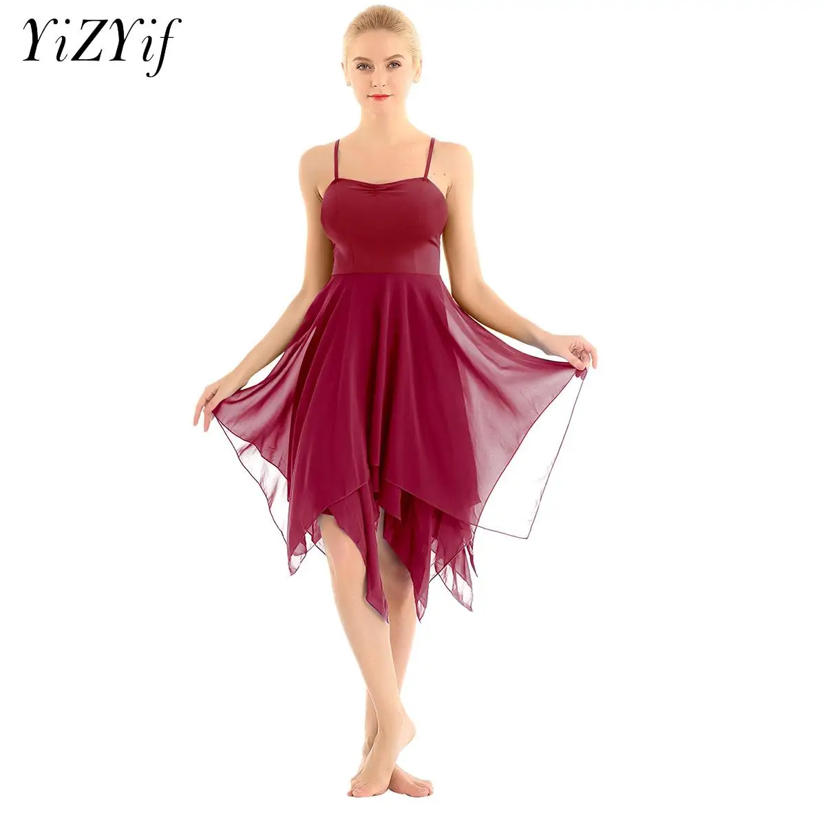 Women Chiffon Ballet Dance Leotard Dress Sleeveless Asymmetric Dancewear Ballroom Modern Contemporary Stage Performance Costume