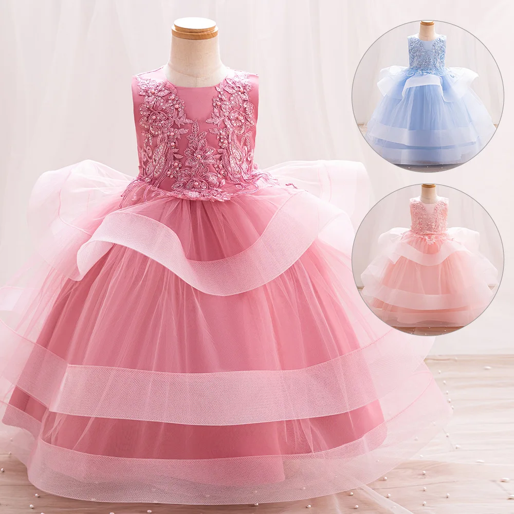 

Girl's Beaded Applique Mesh Long Bow Sleeveless Puff Dress Christmas Carnival School Gathering Fashion Princess Dress