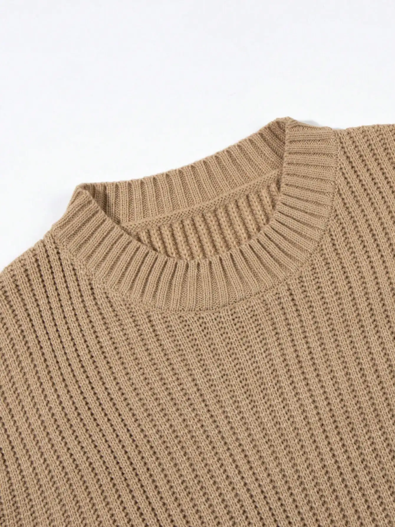 Men's Beige Ribbed Knit Sweater, Loose Fit Crew Neck Pullover for Autumn Winter