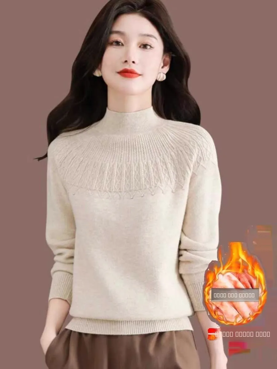

Women's Fce Lined Thiened Knitted Sweater Autumn Winter Faionable Pearl Embellied Woolen Top Warm Commute Sle Long...