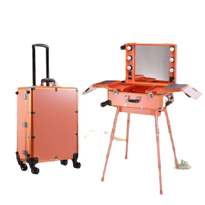 Trolley cosmetic case, aluminum-magnesium alloy large-capacity cosmetic toolbox with bracket