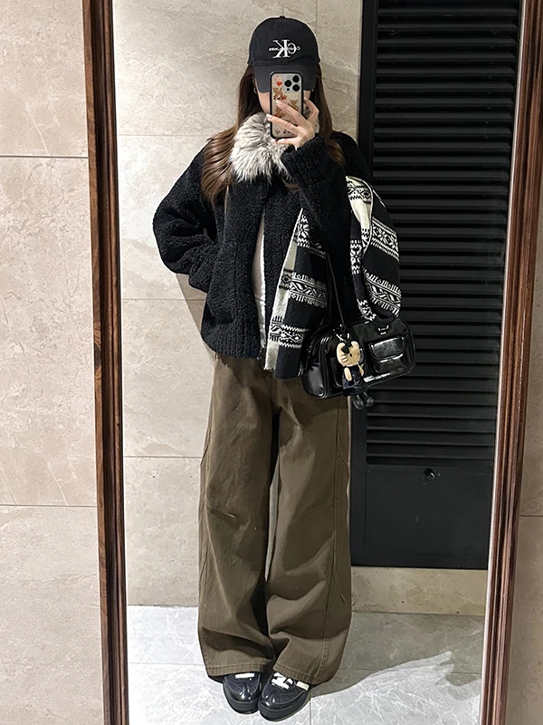 Retro bruine denim broek hoge taille wijde pijpen rechte snit tooling dames winter losse fit broek PmORh merk damesjeans