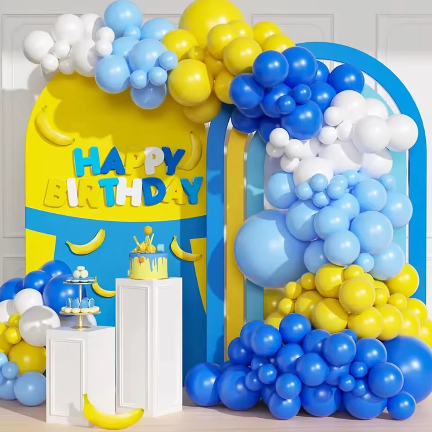 Kit de Arco de Balões Azul, Amarelo e Branco com 88 Peças, Decoração para Festa de Despedida de Solteiro, Revelação de Gênero, Decoração de Aniversário