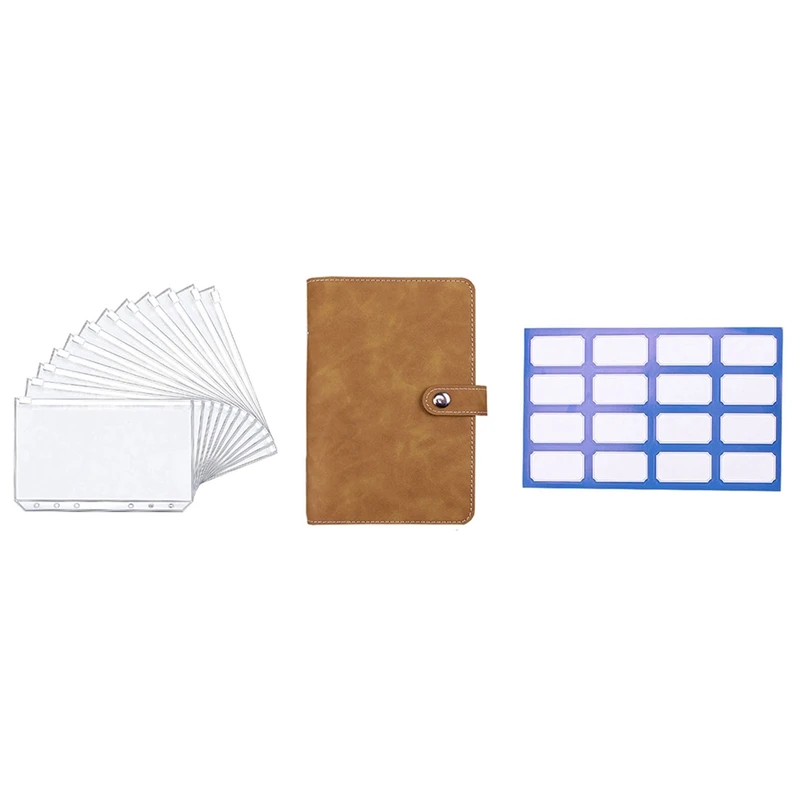 T04C-Brown Budget Binder, PU Leather Wallet For Cash Vouchers, Planner Notebook Cover With 12 Zip Envelopes