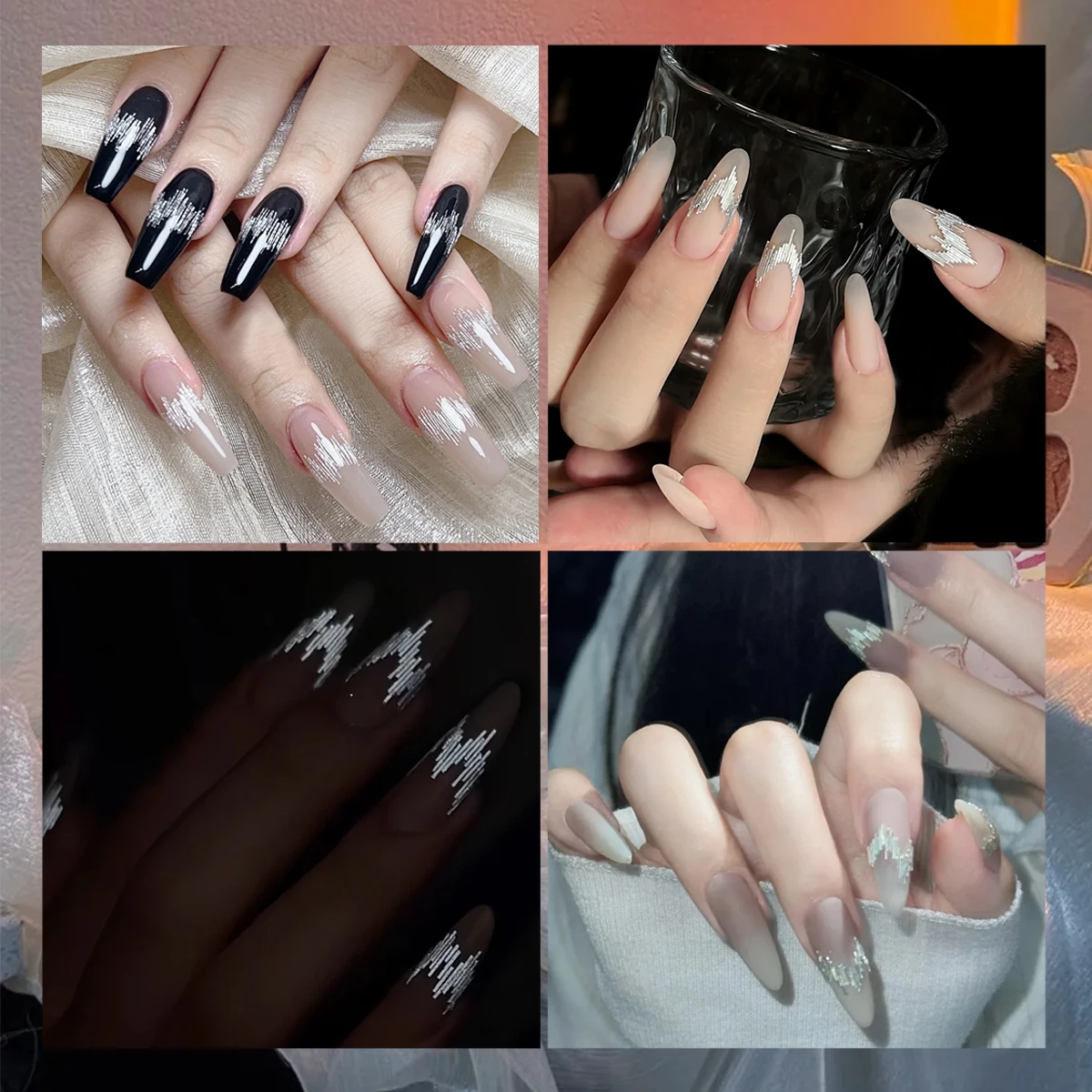 3/6 أوراق 5D ملصقات أظافر معدنية عاكسة، شارات خط موجة من الكروم الذهبي والفضي، فن أظافر منقوش ذاتي اللصق للاستخدام بنفسك #3
