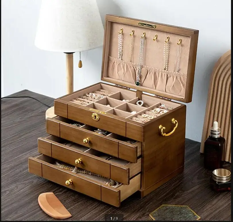 

Vintage Wooden Jewelry Box Ring Necklace Storage Light Luxury Household Rectangular Tools Container