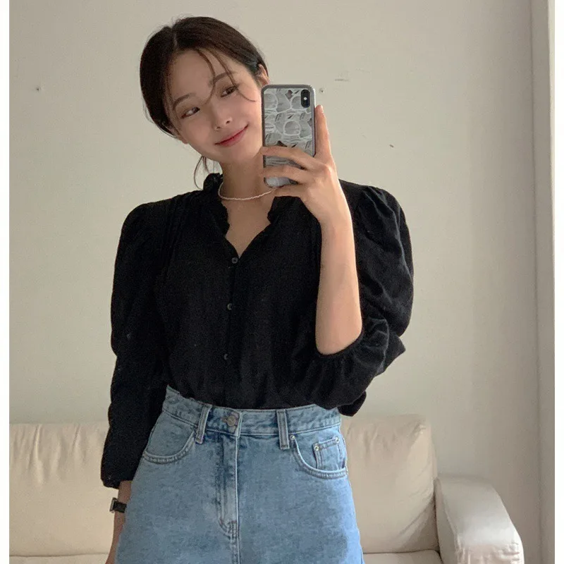 2024 Korean Fashion Sweet Puff Sleeve Office Oversized Women Blouses Shirts Spring Summer Vintage Elegant Lady Tops Blusas