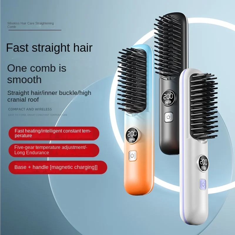 

Portable Wireless Rechargeable Straightening Comb Heated Hairbrush with USB Rechargeable Base for Convenient Hair Styling