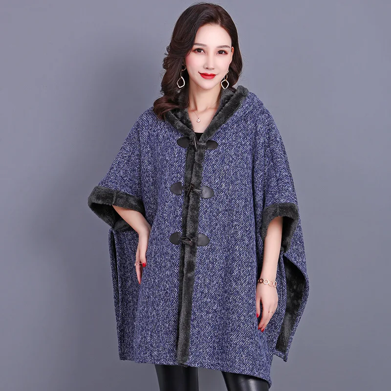 

2025 New Faux Rabbit Fur Collar Two Layered Cape Knitted Cardigan Gradient Shawl Women Big Pendulum Loose Streetwear Overcoat