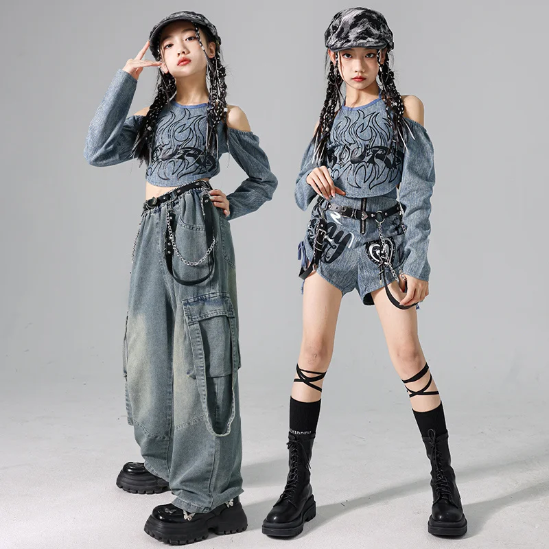 Cool Girl Hip Hop Jeans Tops Fashion Street Style Clothing Kids Hiphop Outfit Denim Dance Costume Child y2k Performance Clothes