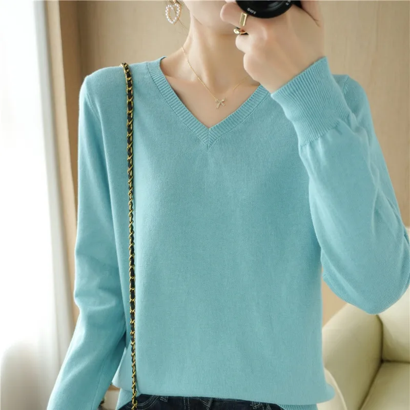 2023 New Women\'s Sweater 100% Cotton V-Neck Casual Knitting Solid Color Pullover Loose Fashion Long Sleeve Korean Women\'s Top