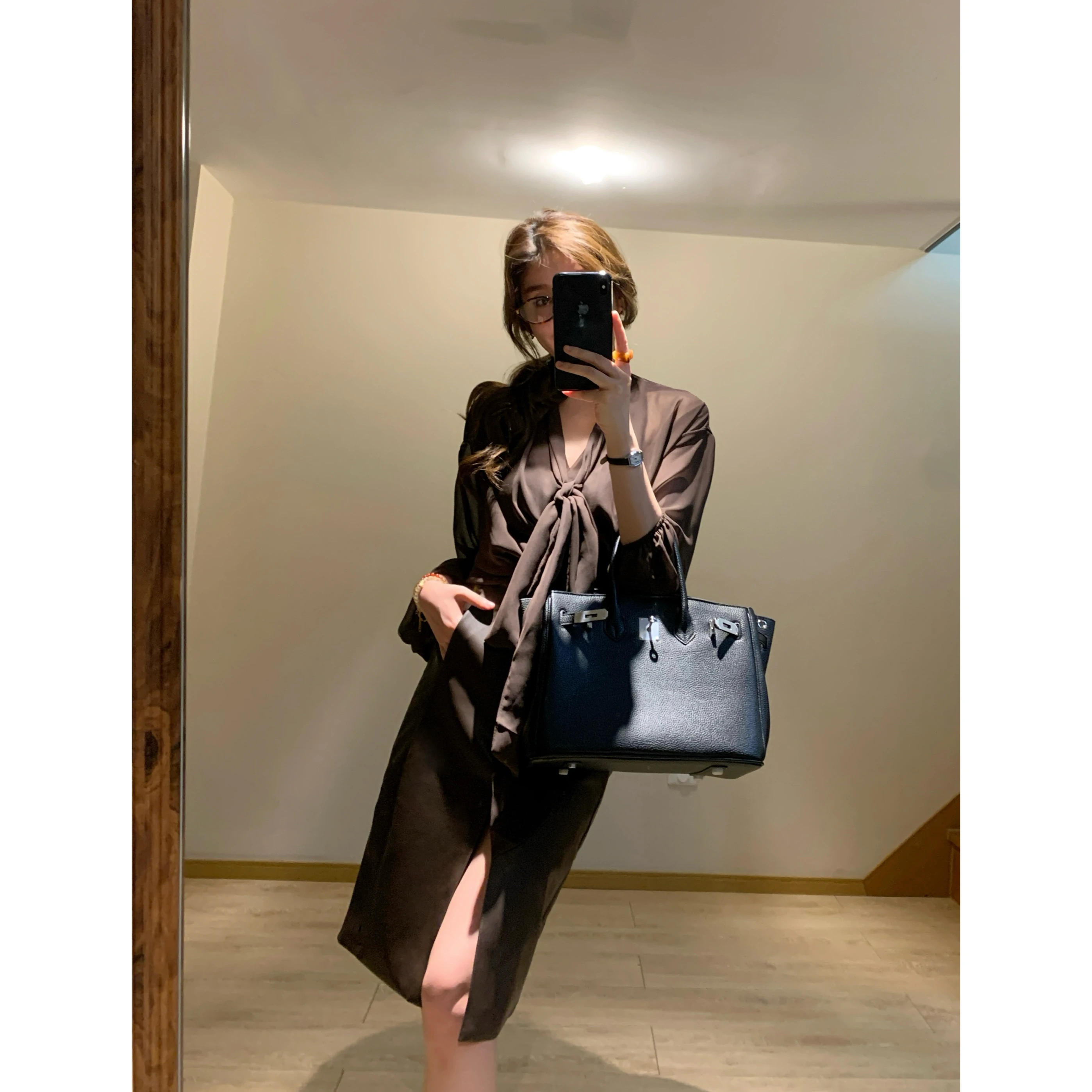 

Wuli Multifunctional Commute High nce Sensation Brown Transparent Tulle Sa irt Women's Slim Fit Long Sve V-Ne...