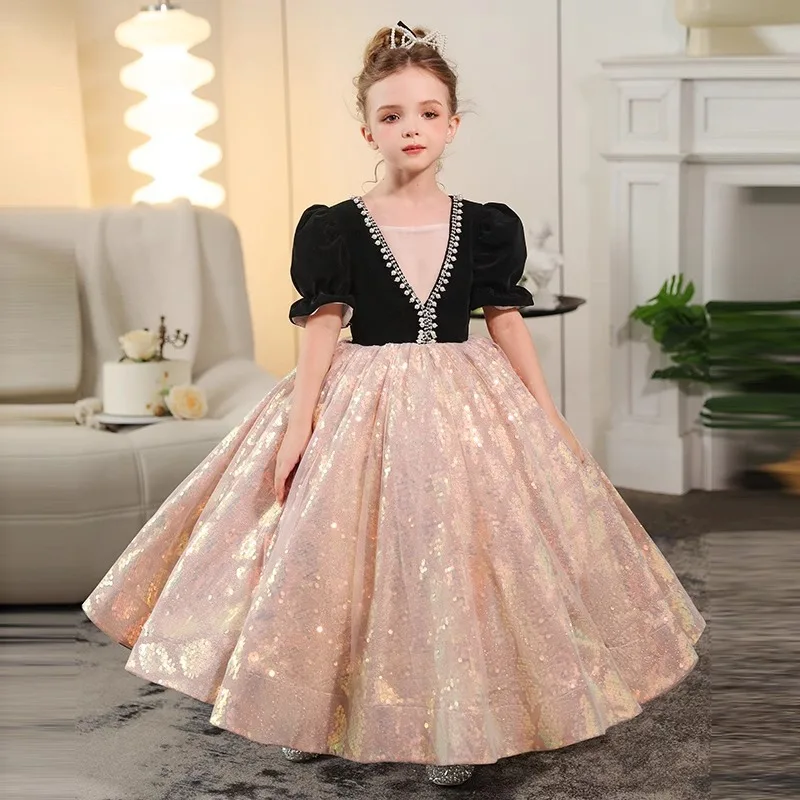 

2025 New Girls Princess Dress Shiny and shiny Baby Birthday Dresses Teen Ball Gown Dres Children Wedding Clothing