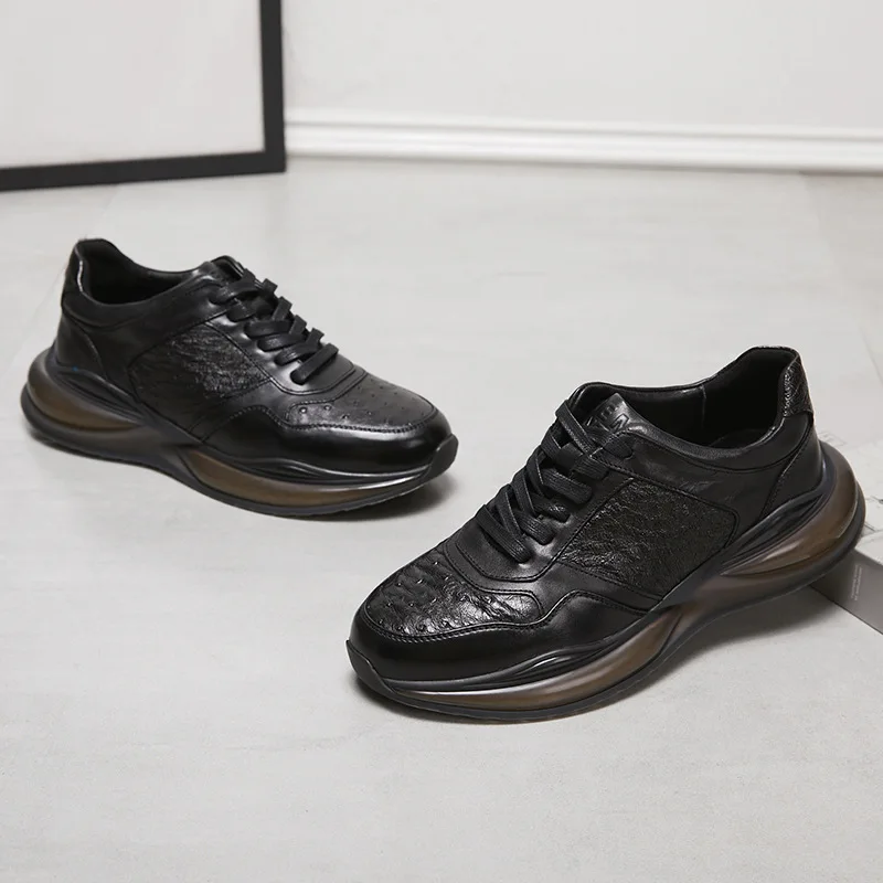 Zapatos de cuero genuino para hombre, zapatillas deportivas perforadas de lujo para caminar, zapatillas deportivas de piel de vaca de avestruz, cojín de aire para viajes al aire libre