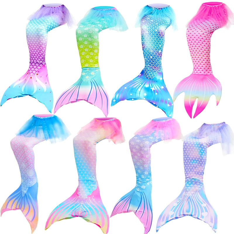 3pcs Kids Mermaid Tails Swimsuit Bathing Suits for Girls 4-13 Years Pool Party Swimmable Cosplay Costume Props with Top Shorts