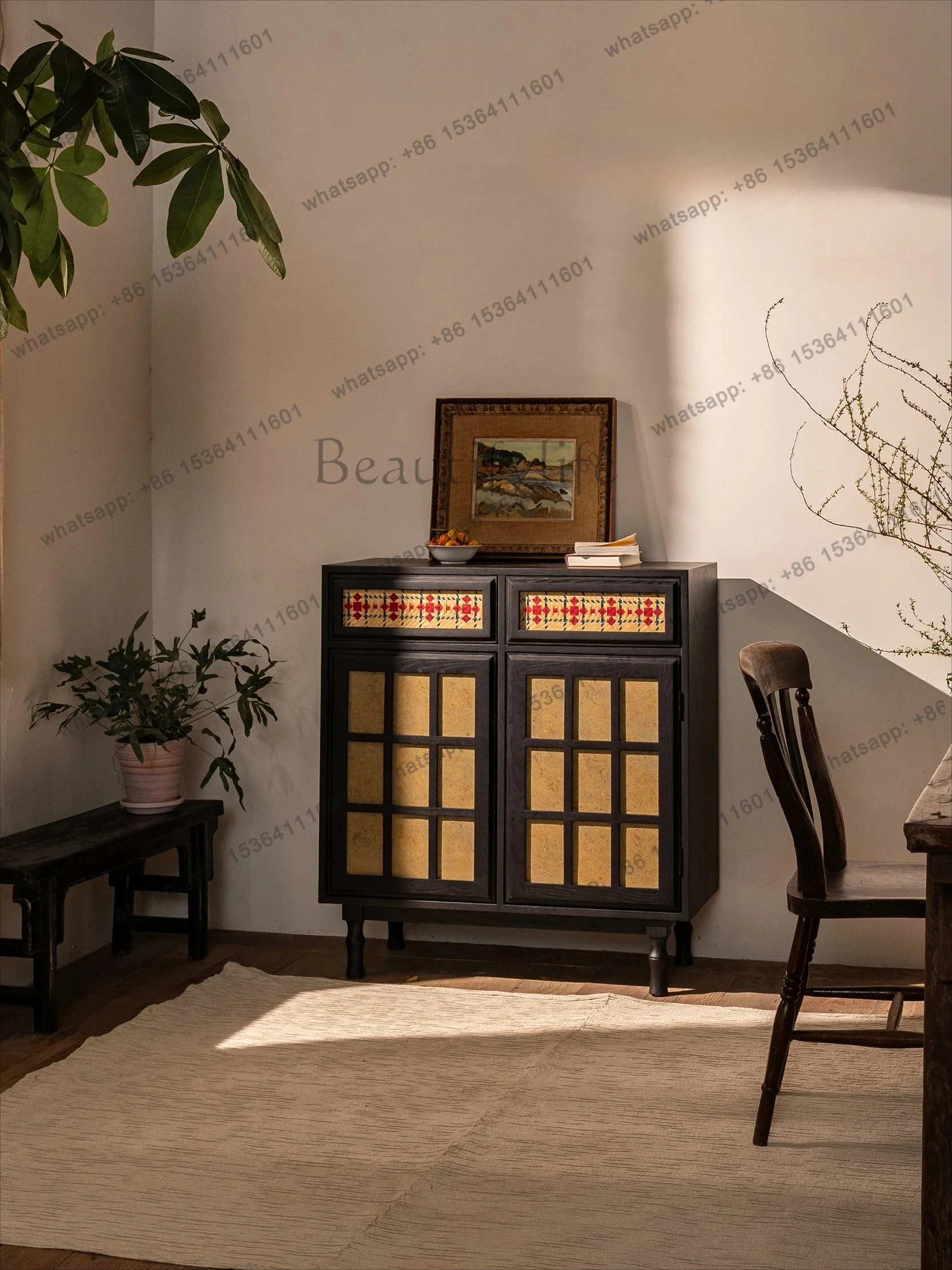 Three-color dining side solid wood cabinet, living room wall locker, modern simple home designer bucket cabinet