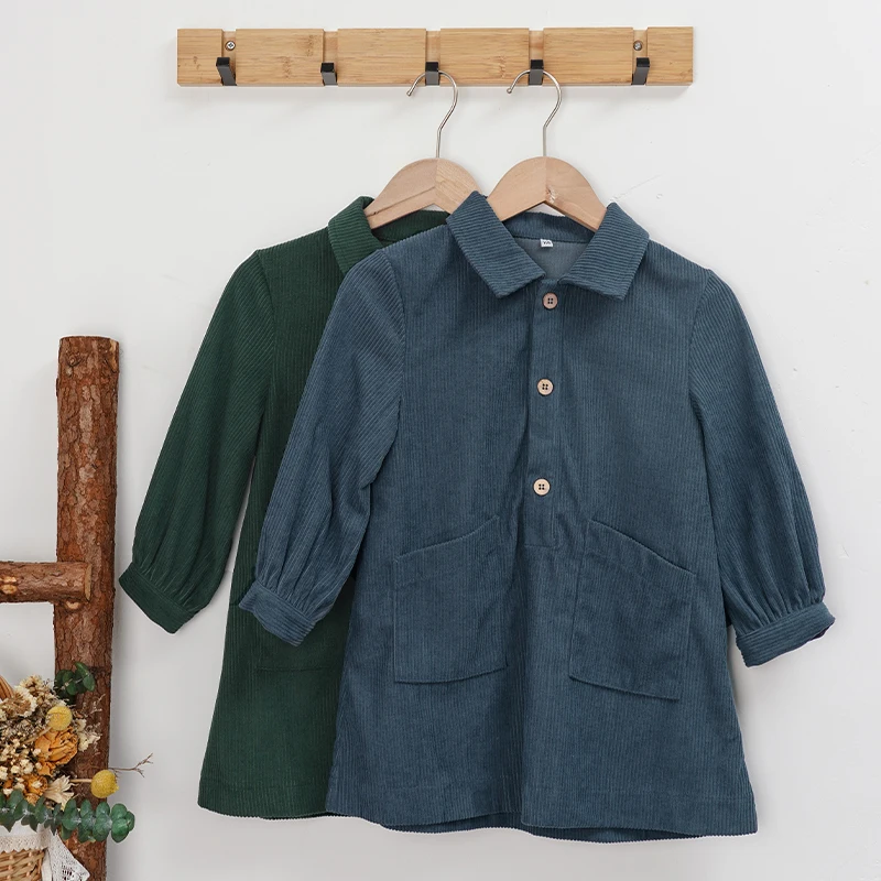 Lässiges Cordkleid für Mädchen 2026 Retro Herbst Neu Kinderkleid mit Revers Knöpfen Langarm mit Taschen Winterkleidung – Detail 21