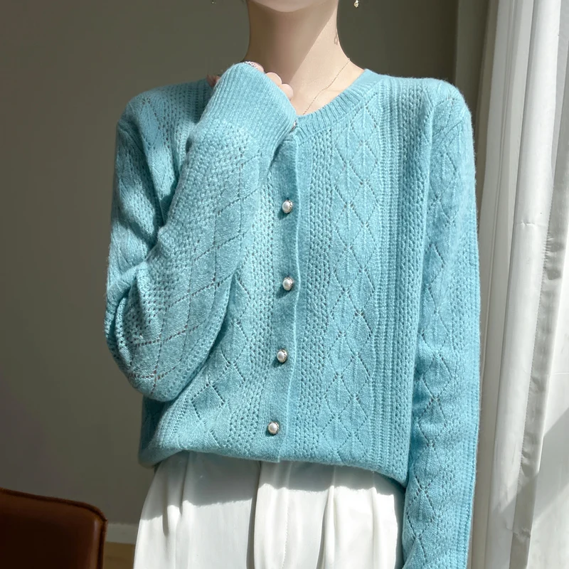 Herfst 100% merinowol damesvest met lange mouwen, effen kleur holle trui, comfortabele zachte top, klassieke stijl