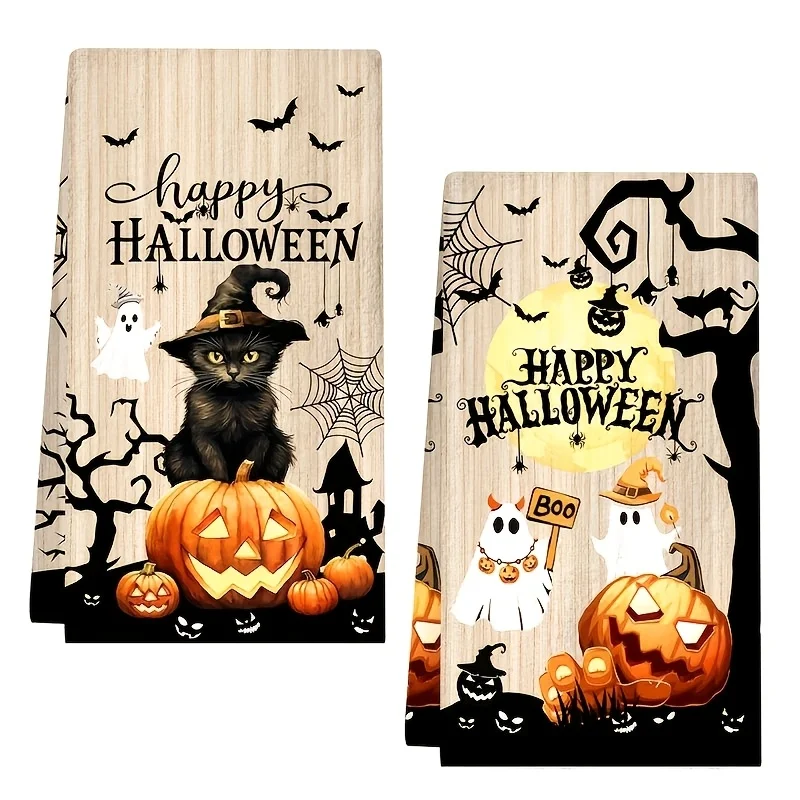 2-Pack Vintage Halloween Kitchen Towels for Home Use, Scary Pumpkin Dishcloths with Spider Web Bat Cat Print