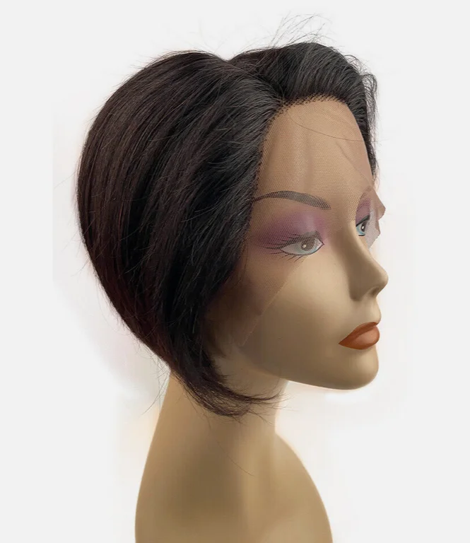 Wig hitam lurus pendek renda depan T bagian 100% Wig rambut manusia pakaian pesta sehari-hari