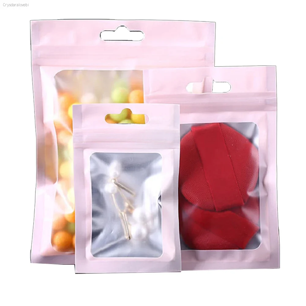 

100Pcs Zip Lock Matte Aluminum Foil Pink Bag Clear Plastic Hang Hole Tear Notch Food Storage Pouches for Candy Tea Coffee Bean