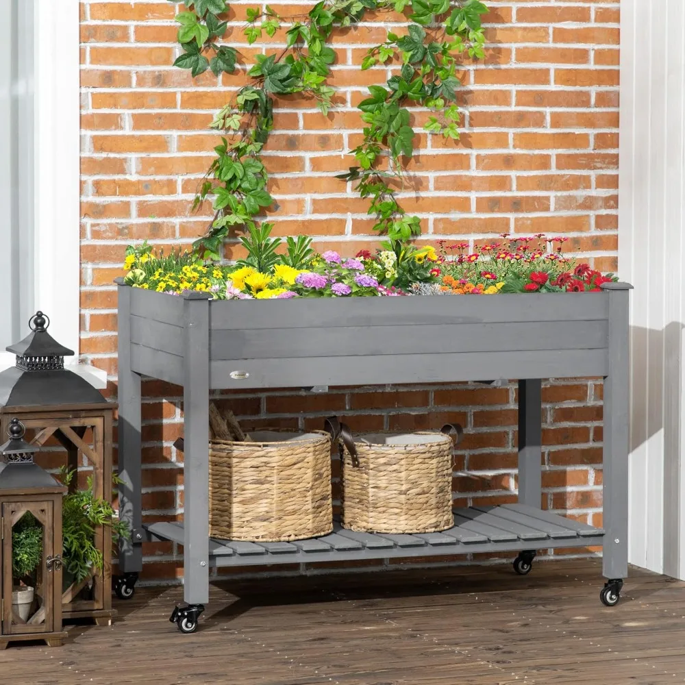 

Raised Garden Bed, 47" x 22" x 33", Elevated Wooden Planter Box w/Lockable Wheels, Storage Shelf, and Bed Liner, Customized