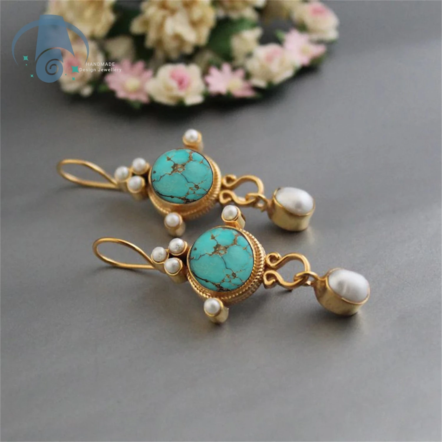 Vintage Sand Gold Alloy Turquoise Pearl Earrings Bohemian Dangle Drop Earrings for Women Unique Handmade Jewelry Chic Smart Gift