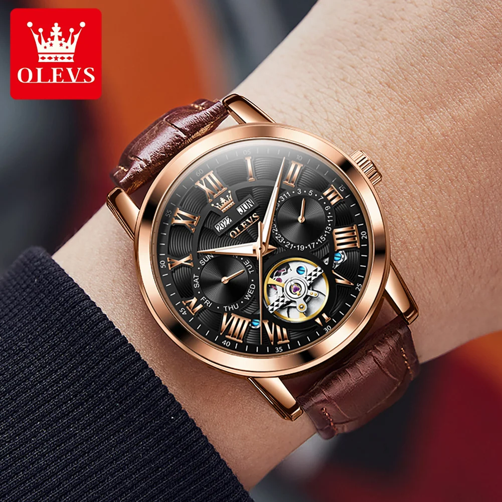 OLEVS 6668 Top Luxury Brand Men\'s Automatic Mechanical Watch Dual Calendar Clock Leather strap Original Business Men\'s Watch