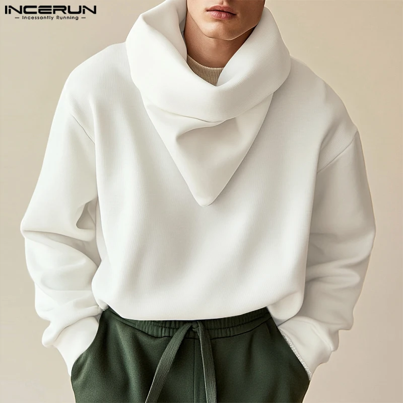 INCERUN Men Casual Well Fitting Hoodies Long Sleeve Pile Collar Design Solid Pullovers Fashion Boy Simple Commuting Jumpers 2024