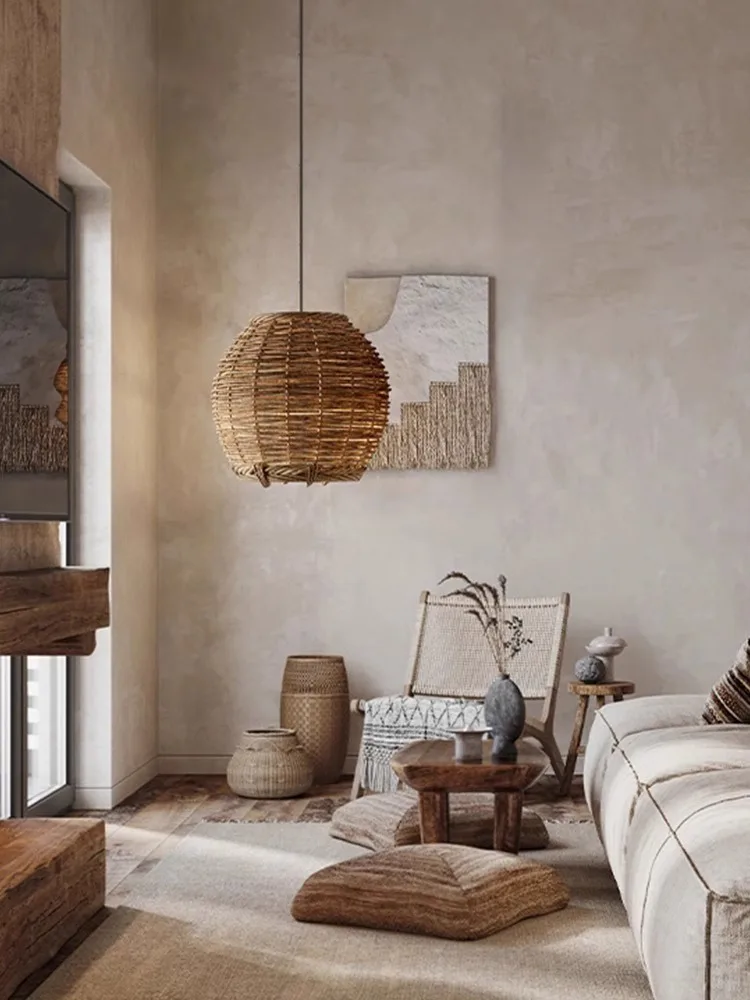 

Minimalist Wabi Sabi E27 Led pendant lights Restaurant Retro Round Rattan Ceiling lamps Dining Table Light Wedding Decoration