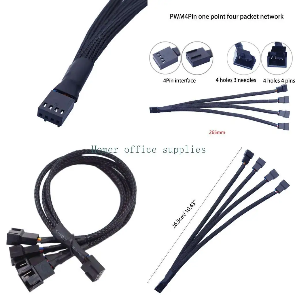 

K43B Fans Cable Y Splitter PWM Cable Computer PC Fan Power Extension Line 4-Way 27CM