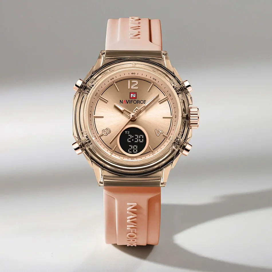 ساعة NAVIFORCE النسائية الرياضية الخارجية المقاومة للماء من أفضل العلامات التجارية المزدوجة لعرض الوقت كوارتز ساعات المعصم المطاطية الرقمية