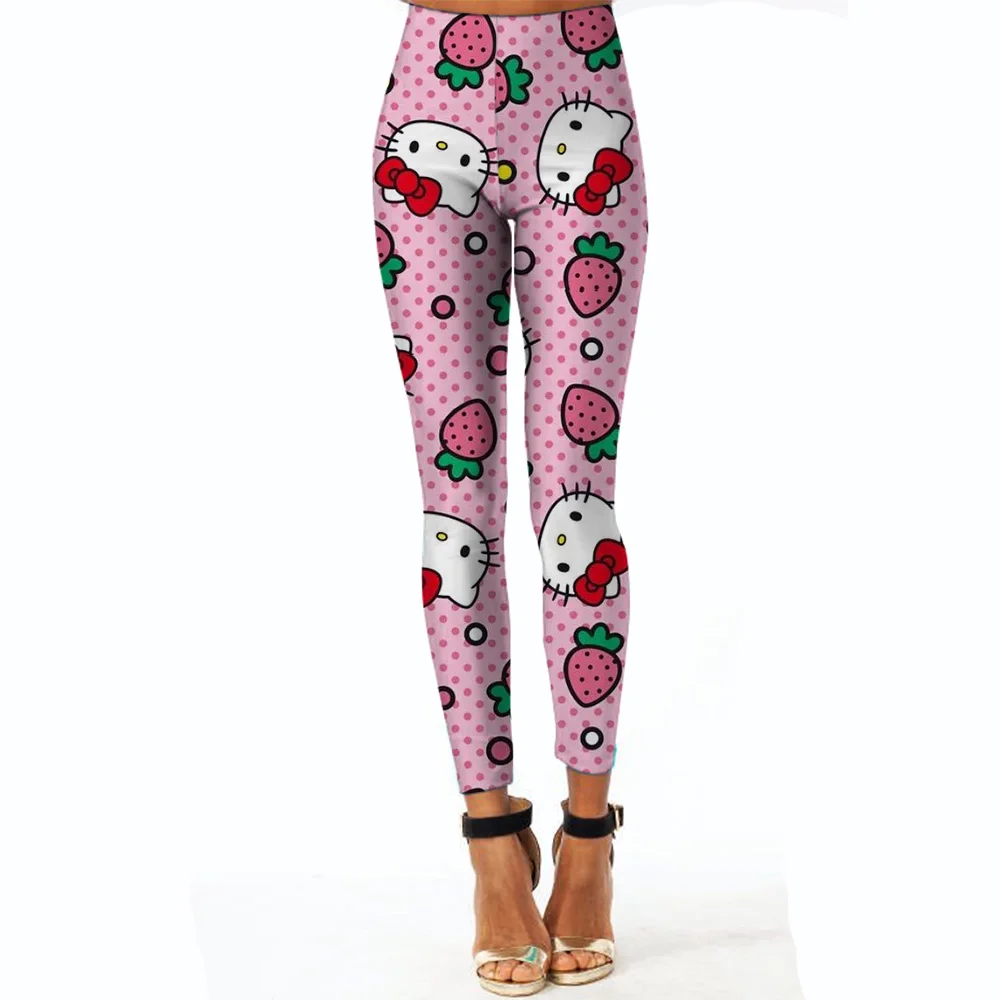 Legging Yoga Solid Elastis Pinggang Cetak Kuromi Hello Kitty Olahraga Wanita Fitness Celana Ramping Push Up Cepat Kering Jogging Gym Wanita