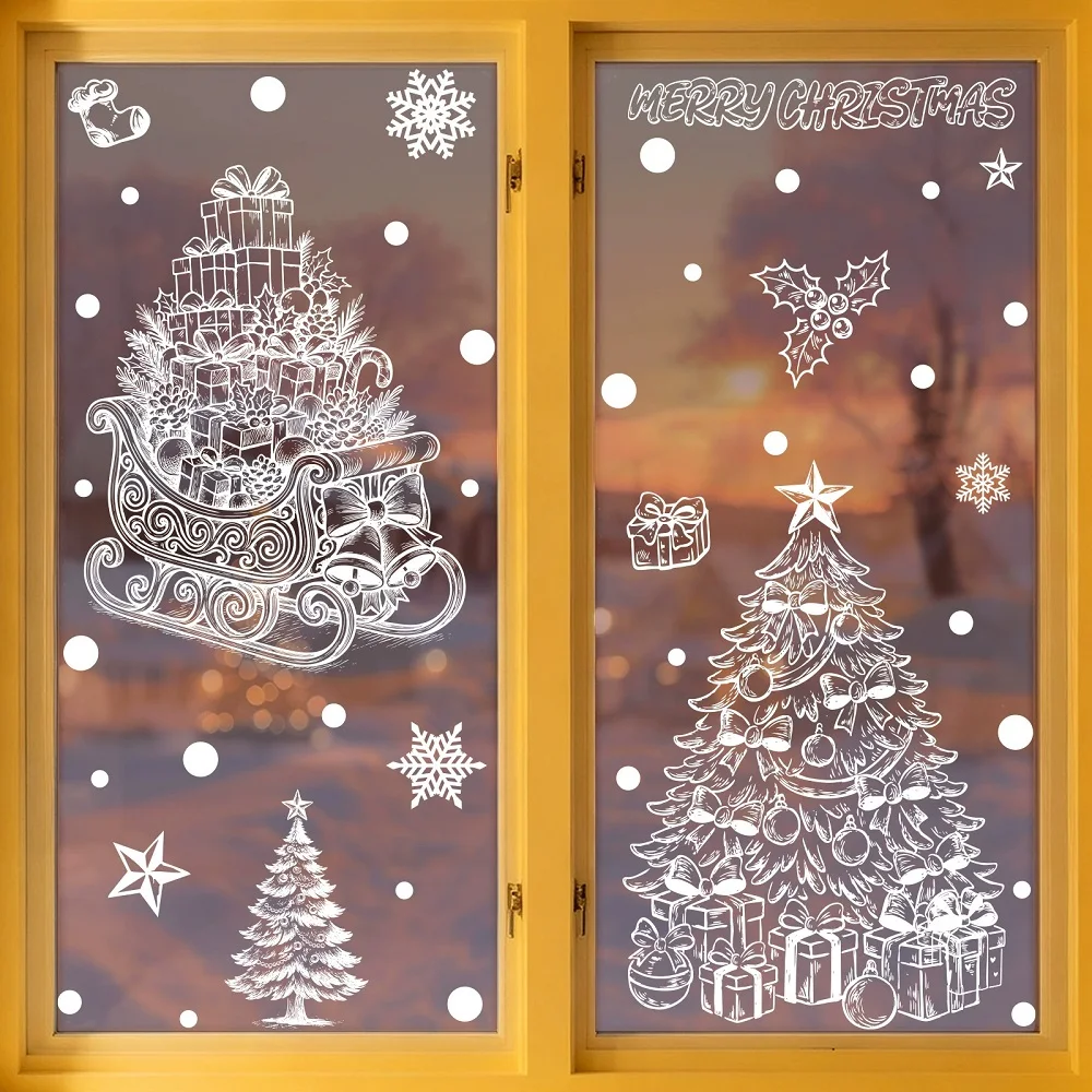 White Christmas Tree Garland Window Stickers Xmas Decor Static Cling Decals Christmas Decoration for Home Shopping Mall Showcase