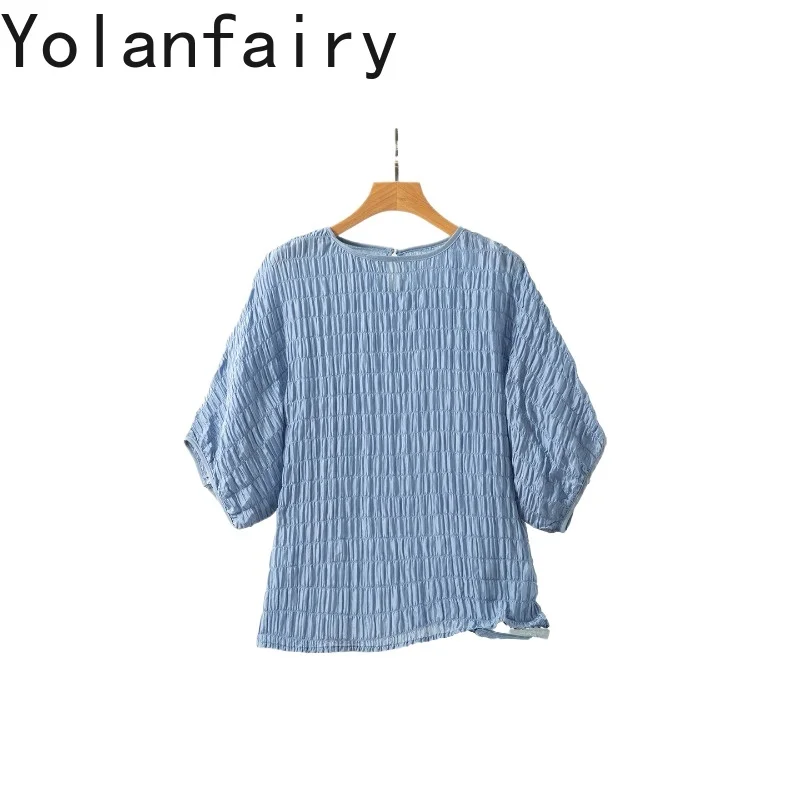 YOLANFAIRY 93% Real Mulberry Silk T Shirts Woman Clothing 2026 Summer Bubble Crepe Women Top Bat Sleeves Elegant Tee Shirt Femme