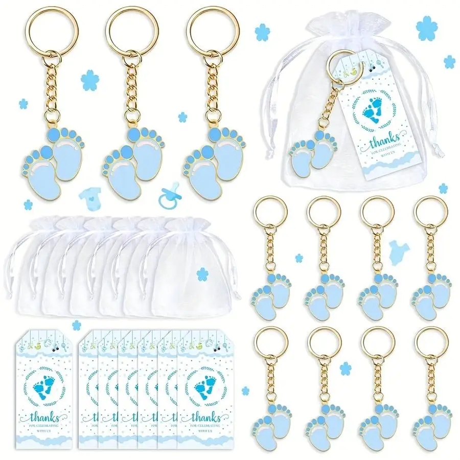1/5/10/20/50/100pcs Gift for Her/Him Gift for Her/Him s Shower Favors for Blue/Pink Footprint Keychain Gifts with White Organza