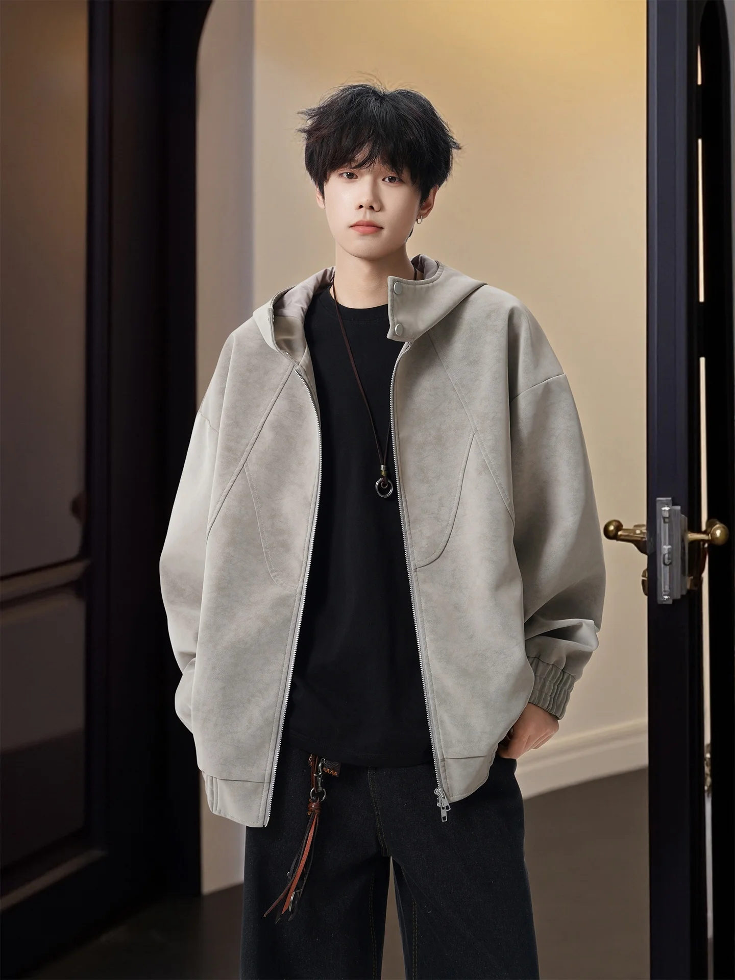 

American High Street Casual Hooded PU Leather Jaet Men's Loose Versatile Double Zipper Jaet Trendy Brand Haome Open Ca...