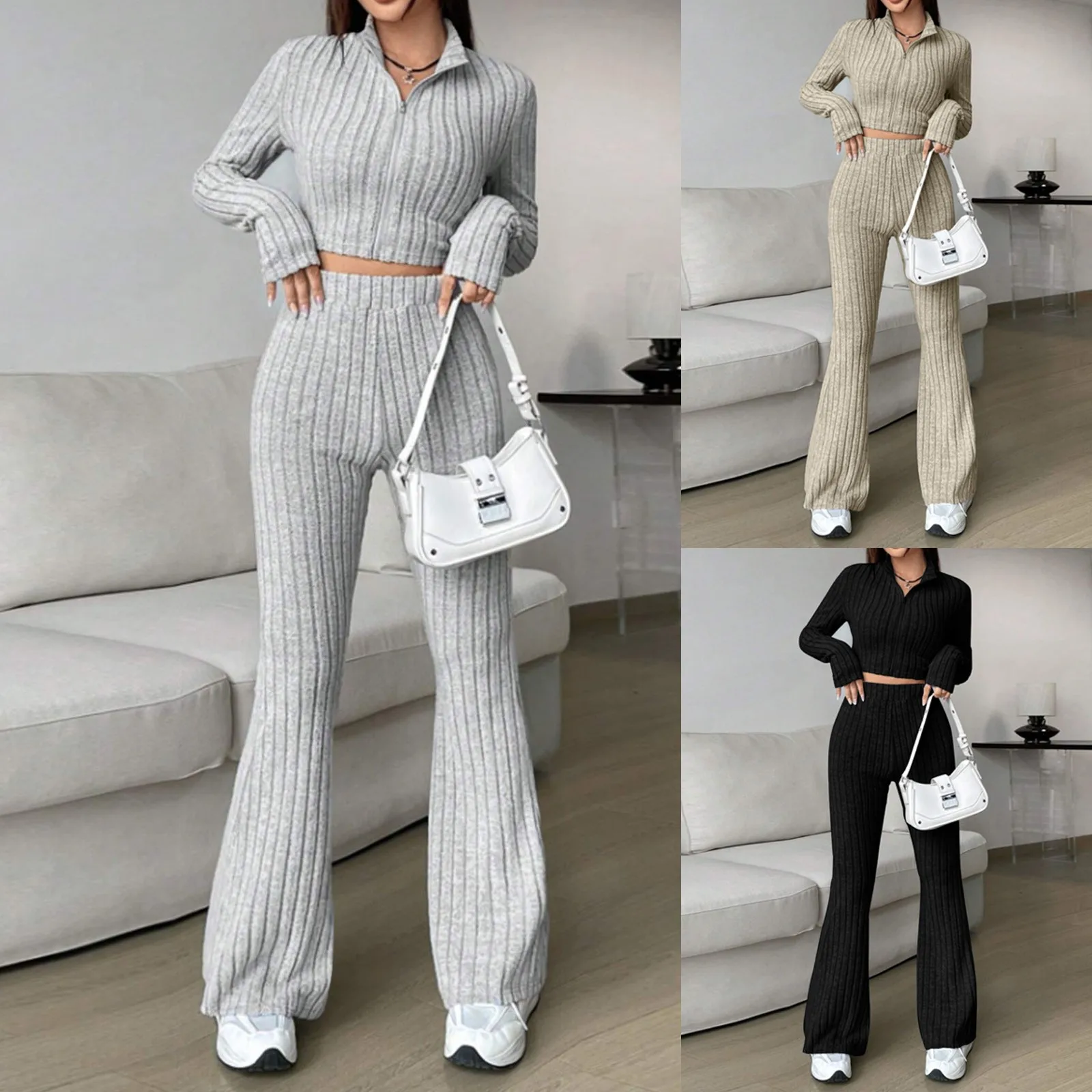 2024 Spring Knitted 2 Piece Sets Women Tracksuit Long Sleeve Vintage Sweater Crop Top Flare Pants Stretch Matching Suit Outfit