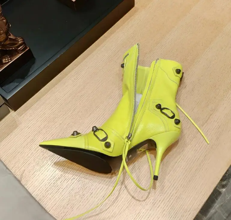 Pointed Toe T Show Ankle Boots  Women Metal Rivest Decor Thin Heel Sexy Runway Boots Zip Tassel Fringe Pink Yellow Leather Bota