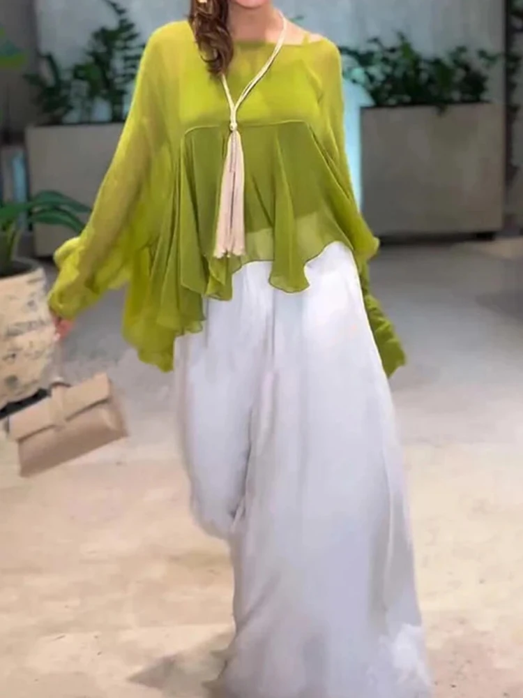 

Осенний новый стиль, свободный наряд для отпуска, модная уличная одежда, однотонный костюм для поездок на работу, повседневный топ с круглым вырезом и рюшами, комплект с широкими брюками