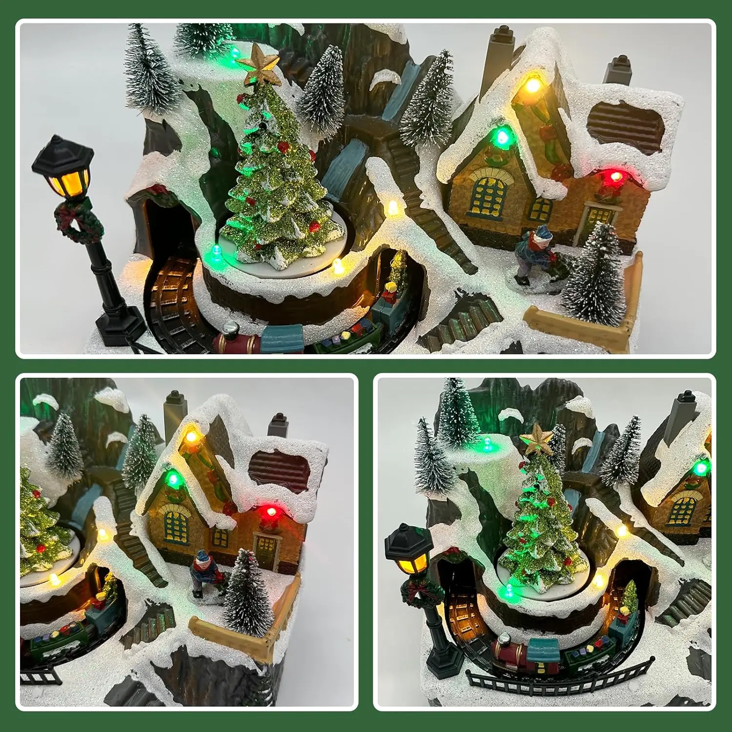 Estatuilla de pueblo navideño con música, luces, árbol y tren en movimiento para decoración navideña en interiores