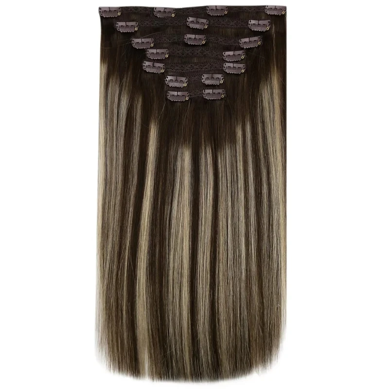 Full Shine 7Pcs Balayage Ombre Clip in Hair Extensions Human Hair Clip ins Double Weft Long Straight Hair