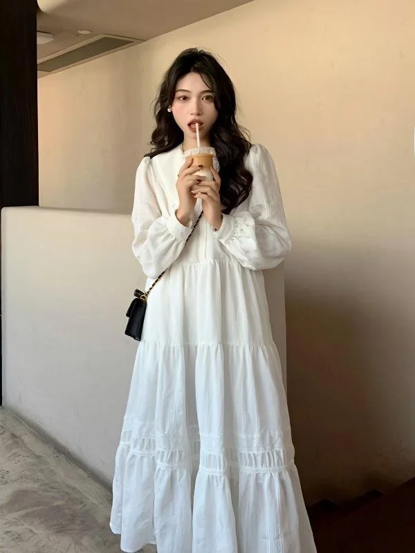 

Extra Large Size 300 Pounds Fashionable Slimming Doll Collar Dress Trendy Loose Cake Skirt High Waist Long Sleeve Autumn Spring