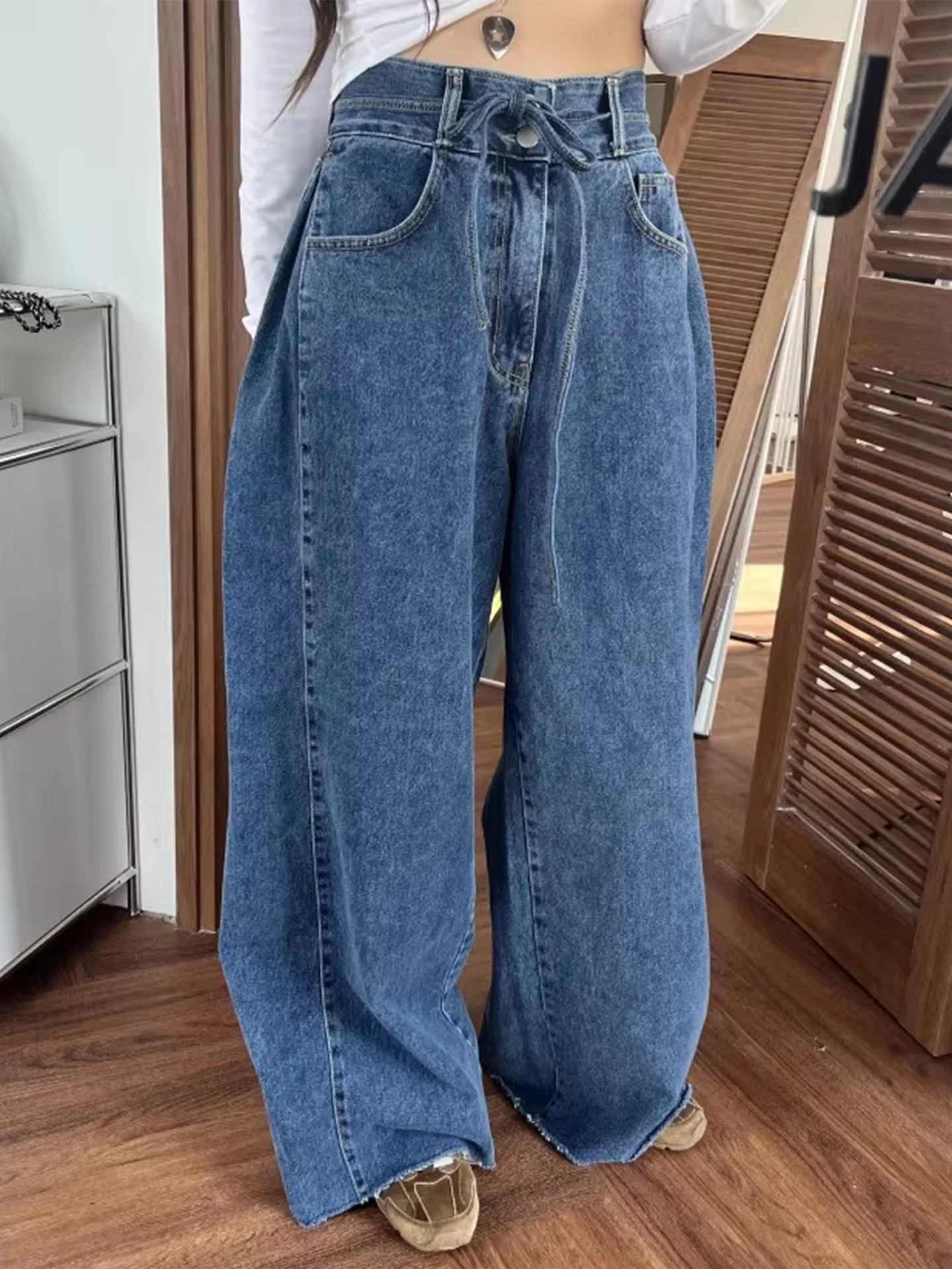 Retro High Waist Bell Bottom Jeans Women's Autumn New Style Side Pleated Frayed Hem Chino Pants Loose Fit No Brand Registered