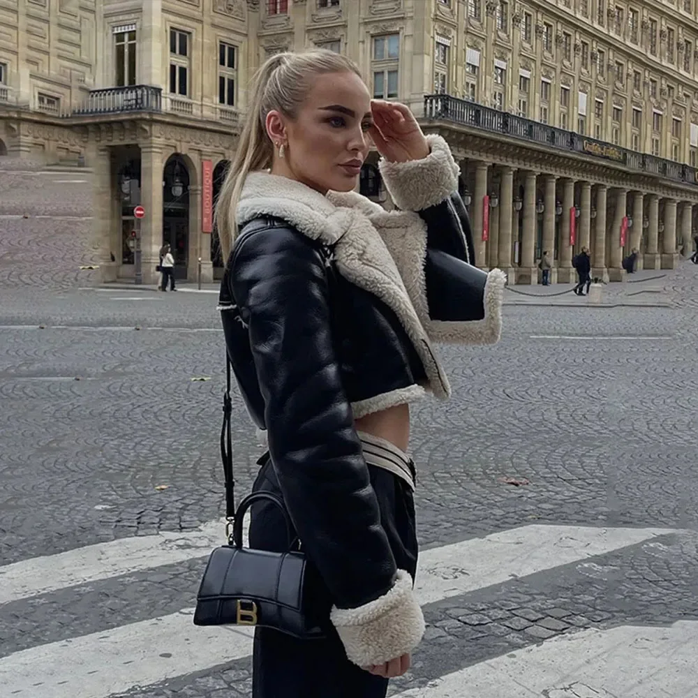 الخريف/الشتاء نمط جديد الأوروبية الأمريكية على الوجهين فضفاضة تناسب انغلق اقتصاص سترة المرأة سترة جلدية قطعة واحدة #3