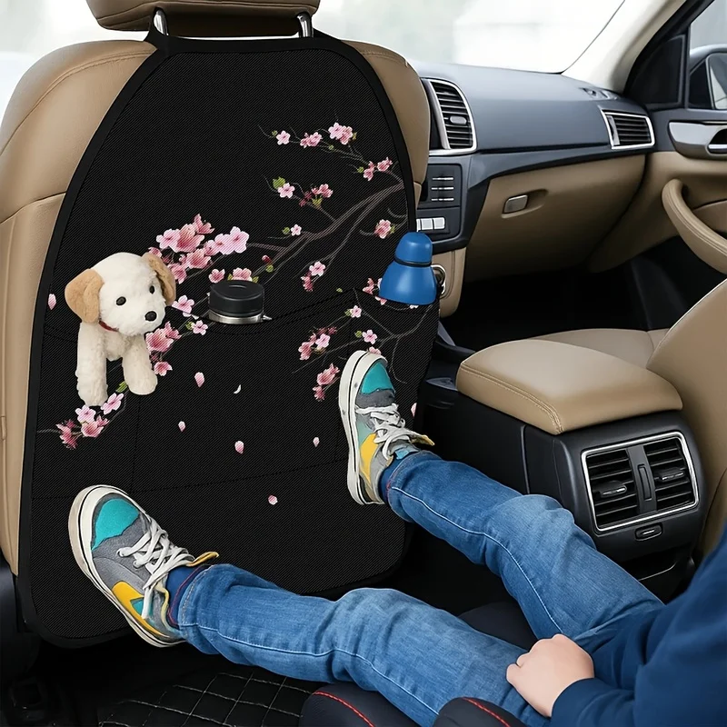 Car Seat Back Covers With Storage Pockets, Pink Cherry Blossom Pattern, Decorative For Car Interior