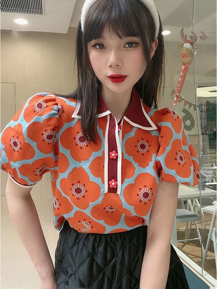 2024 Summer Fashion Knit Skirt Suits Women Short Sleeve FlowerJacquard Sweater Cropped Top + Mini Pleated Skirt Set 2pcs Suit