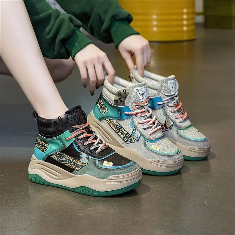 

Casual Thick Bottomed Genuine Leather Retro Style Women's Shoes Crack Pattern Flat Heel round Toe Fashionable All-Match Sneakers